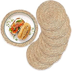 Handmade Boho Placemats Set of 6, Natural Cotton Burlap and Water Straw Woven, Macrame Decor, Farmhouse Style | Rustic Boho Braided Wicker Table Mats