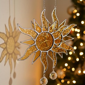 Handmade Sun Stained Glass Suncatcher, Window Hanging Decor, Sunshine Ornament, Warm Home Accent