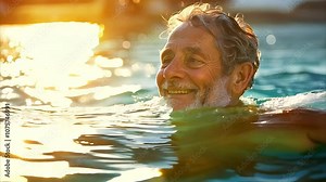 Joyful elderly man swimming outdoors at sunset with radiant smile