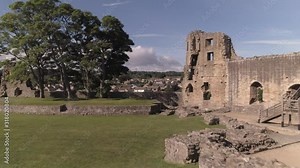 Barnard Castle in Teesdale, County Durham. Aerial shot in a zoom, dolly style, across the ruins from the North East wall to the South West wall