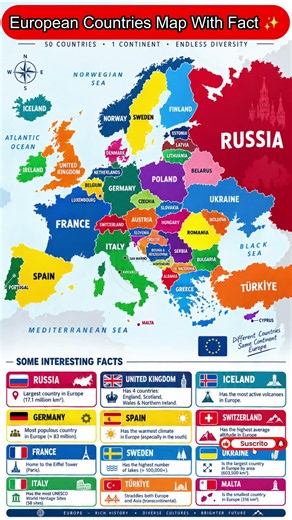 European Countries Map With Fact ✨️ #europeancountries #mapping #cartographer #facts #news #shorts