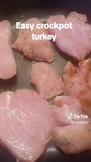 Easy crockpot turkey dinner. I just sliced the turkey and seasoned with paprika, garlic powder, parsley, poultry seasoning. onion powder very little salt if it's not a seasoned turkey. brown a bit add to crockpot along with gravy packet and cook 6 hrs on high. enjoy. learned this from another tic tok cook.