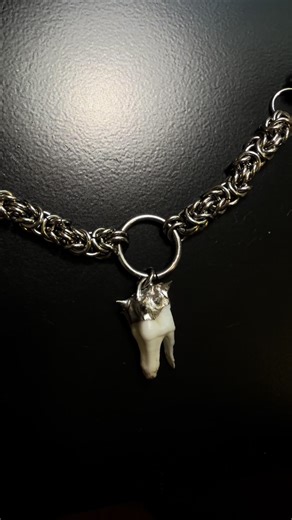 Recent finished piece! Byzantine chainmail weave, with a deer tooth that came loose while cleaning a jaw a found. I soft soldered the top, practing more! #chainmaillejewelry #softsolderjewelry #chainmaille #jewelrymaking #jewelrytok
