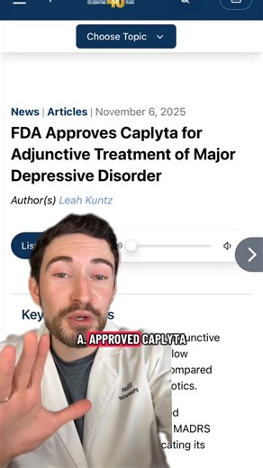 Dr. Ethan Melillo | Pharmacist on Instagram: "🔍 Attention: FDA just approved Caplyta as adjunctive therapy for major depressive disorder. Let’s break down how this medication works and what side effects to look out for. * This video is for educational purposes only and is not a substitute for medical advice. Always talk to your doctor or pharmacist about your personal health needs. #pharmacist #mentalhealth #majordepressivedisorder #MDD #pharmacypractice #psychopharmacology #Caplyta #adjunctive