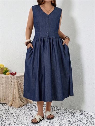 EMERY ROSE Mature Denim Plus Size Solid Color Sleeveless V-Neck Tie Pocket Casual Denim Dress,Valentine's Day,Summer,Carnival,Beach,Party,Elegant Party Dress,Going Out | SHEIN
