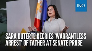 Vice President Sara Duterte makes a virtual appearance before the Senate panel on foreign affairs on Thursday, decrying the alleged “warrantless arrest” of her father, former President Rodrigo Duterte. READ: https://globalnation.inquirer.net/269014/sara-duterte-decries-warrantless-arrest-of-father-at-senate-probe | INQUIRER.net