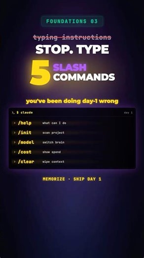 Five slash commands every Claude Code session needs: /help, /init, /model, /cost, /clear Memorise it