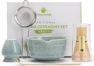 Ochcahser Matcha Kit Set, Matcha Whisk Set Includes Matcha Bowl And Holder, Bamboo Matcha Whisk, Scoop and Matcha Sifter, 17 oz Mottled Blue Glaze Ceramic Matcha Kit for Tea Lovers