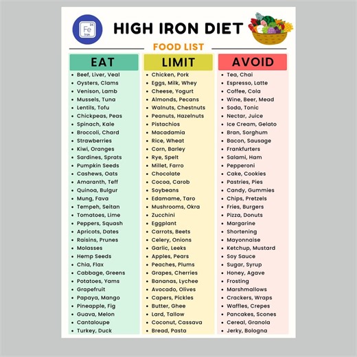 Liste imprimable des aliments riches en fer, tableau des aliments riches en fer au format PDF, guide des aliments riches en fer, liste de régimes riches en fer, plan d'épicerie sain - Etsy France