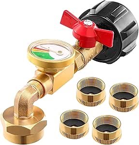 Propane Refill Adapter for 1lb. Tanks, Upgraded Propane Adapter 20lb to 1lb Converter with Gauge and Valve, QCC1 90-Degree Elbow with 4 Bottle Caps for BBQ Grill Stove Camping RV, Solid Brass