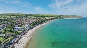 Swanage Beach and Ballard Cliff from a drone, Jurassic Coast, Swanage, Dorset Coast, England