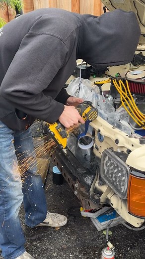 Measure once cut the core support twice? Thats how that saying goes right? Bed mounted radiator would be cool but! This is still a work truck so front mounted radiator would definitely be more practical! #fabrication #build #mechanic #toyota #pickup #truck #ford #mustang #engineswap #carguy #cargirl #diy #fyp | Niles Lee