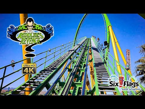 March 2022 The Riddler's Revenge Roller Coaster On Ride Front Seat 4k POV Six Flags Magic Mountain