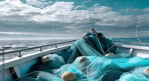 Fishing Boat with Fish Nets Ready for Catching Fish. Concept Fishing, Boat, Fish Nets, Catching Fish