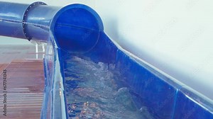 4k, panoramic view of the end of blue water slide