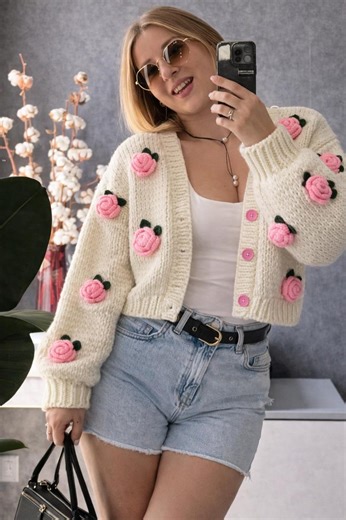 Handmade Floral Cardigan, Cottagecore Cream Knit Sweater, Pink Rose Embroidery, Oversized Boho Cardigan - Etsy