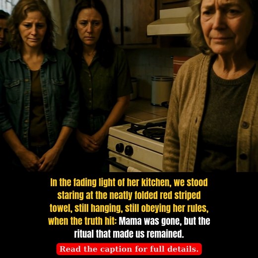 The day Mama died, the dish towel was still hanging on the oven door, folded neat like always. Not the fancy kind — no embroidery, no bright colors. Just a soft, faded cotton square with a thin red stripe running down one side, worn to a whisper over the years. We never thought much of it growing up. It was just there. Always there. We were the kind of family that ate dinner at five, every day, no exceptions. Meatloaf on Mondays, chicken and dumplings on Thursdays, and the Lord help you if you w