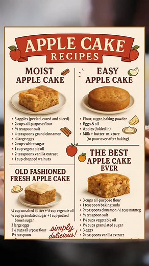 Moist Apple Cake 5 apples, peeled, cored, sliced 2 cups all-purpose flour ½ tsp salt 4 tsp ground cinnamon 4 eggs 2 cups sugar 1 cup vegetable oil 2 tsp vanilla extract 1 cup chopped walnuts Preparation: Mix eggs, sugar, oil, and vanilla. Stir in flour, salt, and cinnamon. Fold in apples and nuts. Bake until golden. Easy Apple Cake Flour, sugar, baking powder Eggs & oil Apples, folded in Milk butter mixture to pour after baking Preparation: Combine flour, sugar, eggs, and oil. Fold in apples. Ba