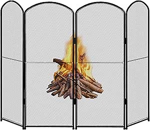 HEOMU Fireplace Screen Stand Black 4 Panel Foldable Decorative Fireplace Screen Fireplace Cover,Metal Fire Spark Guard Cover for Home Indoor Fireplace,47.8" W x 31" H
