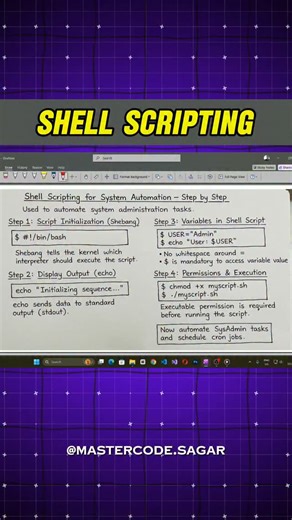 Sagar . Code -- Cyber security 🚀 on Instagram: "Shell Scripting se system automation start hoti hai. Agar aap IT field me ho, to ye skill ignore karna option hi nahi hai. Is post me step by step basics cover kiye gaye hain: • Shebang (#!/bin/bash) ka role • echo se stdout output • Variables ka correct syntax • chmod +x aur script execution Foundation clear hogi to aage jaakar SysAdmin tasks aur Cron Jobs automate karna easy ho jaata hai. Is syntax ko save karo, revise karo, aur practice start k