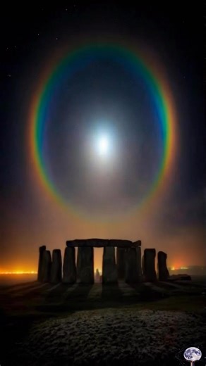 A ring of light formed above Stonehenge 🌕🌈 A glowing lunar halo appears as a perfect circle around the Moon, positioned above the ancient stones like a quiet crown of light. Thin, high-altitude ice crystals bend the moonlight into a full 22-degree halo, while ground frost and distant village lights add a soft golden edge to the night. It looks mystical .. but it’s pure atmospheric optics. When moonlight passes through hexagonal ice crystals in cirrostratus clouds, the light refracts at a fixed
