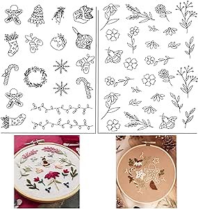 Water Soluble Embroidery Patterns,Stick and Stitch Embroidery,Christmas Pattern Embroidery, Embroidery Transfer Patterns,Dissolvable Embroidery Paper for Flower, Bee,Christmas Suitable DIY Lovers