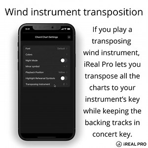 To transpose songs for wind instruments, tap on Chord Chart Settings in song view. Select Transposing instrument and pick your instrument's transposition, e.g. Bb. The chart will indicate the key you selected under the title. #irealprotutorials | IReal Pro | Facebook