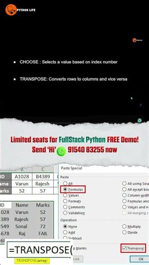 CHOOSE and TRANSPOSE Functions in Excel Explained Easy | Advanced Functions | Python Life