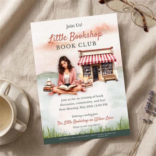 Book Club Invitation Template Canva, Little Bookshop Invite, Editable Literary Event Flyer, Bookish Birthday Party, Instant Download - Etsy