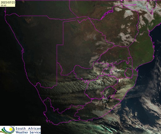 Satellite picture from Eumetsat for today, 23 July 2023. Day Natural colour indicating the clearance of the morning fog over Gauteng, North West Province, Mpumalanga and Limpopo. | South African Weather Service