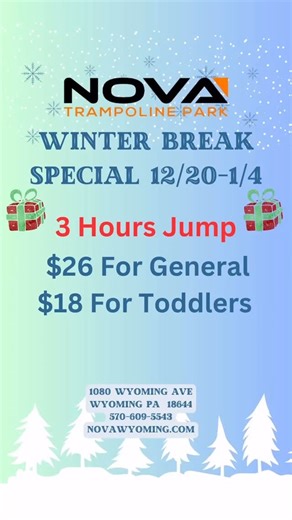 ❄️ WINTER BREAK SPECIAL IS HERE! ❄️ Bring the family for 3 hours of nonstop jumping fun! 📆 Dec 20 – Jan 4 💥 $26 General | $18 Toddlers Perfect indoor fun for cold winter days! 📍1080 Wyoming Ave, Wyoming PA 📞 570-609-5543 🌐 novawyoming.com ⸻ 🎉 WINTER BREAK HOURS ANNOUNCED! Plan your visits ahead during the holiday season! ✔️ Extended hours ✔️ Christmas Eve early close ✔️ Closed Christmas Day ✔️ New Year’s Eve & New Year’s Day hours listed 📍1080 Wyoming Ave, Wyoming PA 📞 570-609-5543 🌐 no
