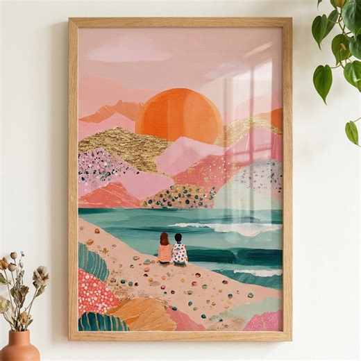 Abstract Couple Beach Sunset Art, Modern Coastal Landscape Print, Romantic Textured Wall Art, Anniversary Gift, Couple Art| Digital Download - Etsy