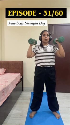 Simsim on Instagram: "Episode : 31/60 - Save this Full-body strength day • Push press + squats — 20 reps x 2 • Reverse lunges + bicep curls — 15 reps each leg x 2 • Plank shoulder taps — 40 reps x 2 (core on fire 🔥) • RDL rows — 15 reps x 2 • Overhead tricep extensions — 15 reps x 2 each arm No fancy setup. Just dumbbells [Full body workout, Dumbbell only workout, Weightloss, fitness vlog, daily fitness, healthy , fatloss exercise] #fitnessworkout #fullbodyworkouts #womenworkout #homeworkout #f
