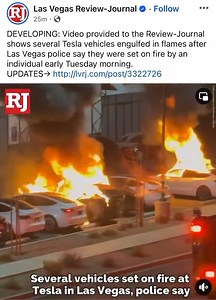 1M views · 9.5K reactions | Vehicles set on fire at Tesla in Las Vegas “Communications received information that an individual had set several vehicles on fire in the parking lot and caused damage to the property,” the department said in an email. | The Steve Gruber Show | Facebook