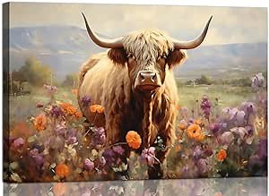 Highland Cow Wall Art Decor for Living Room Cow Pictures Print on Canvas Farmhouse Theme Wall Painting for Bedroom Western Wall Decor for Home Office Decorations,Ready to Hang(24" x 36",Brown Rustic