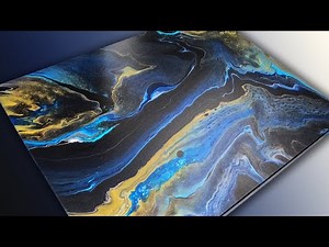 Beautiful Blue and Gold Swipe - Acrylic Pouring on Black Background