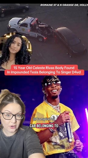 The girl whose body was found in an impounded car belonging to singer D4vd has been identified asia 15 year-old who has been missing since April 2024. Rivas went missing in April 2024 from Lake Elsinore, California. #CrimeNews #truecrimestory #celesterivas #hollywoodhills #d4vd #fypviralシ | Tiffany Tea