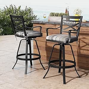 Crestlive Products Heavy Duty Cast Aluminum Outdoor Swivel Bar Stools with Sunbrella Cushion, Patio Bar Height Chair Set of 2, All Weather Black Finish, Outside, Indoor, Commercial Grade(Milano Char)