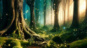 Download An Enchanting Forest with Glowing Fireflies at Beautiful Dusk for free