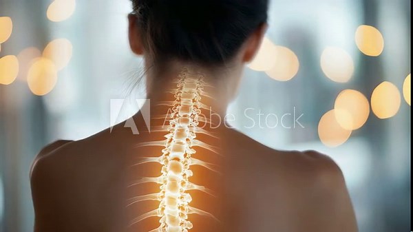Rear view of a woman with glowing visualization of spinal structure, depicting spine pain or health concerns