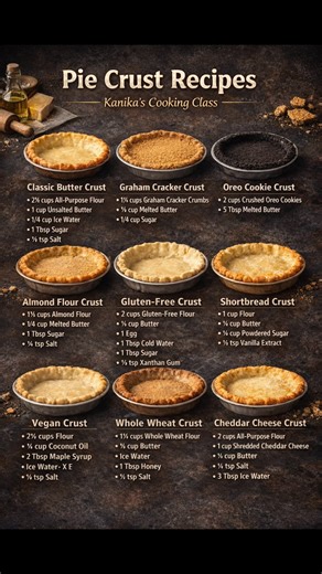 PIE CRUST GUIDE – 9 EASY HOMEMADE PIE CRUST RECIPES 🥧 Save this post because this is a complete pie crust guide you will actually use. 1. Classic Butter Crust Ingredients 2½ cups all-purpose flour 1 cup cold unsalted butter, cubed 1 tbsp sugar ½ tsp salt ¼ cup ice-cold water Method Mix flour, sugar, and salt. Rub in cold butter until crumbly. Add ice water little by little and bring together into a dough. Chill for 30 minutes. Roll and use as needed. 2. Graham Cracker Crust Ingredients 1½ cups 