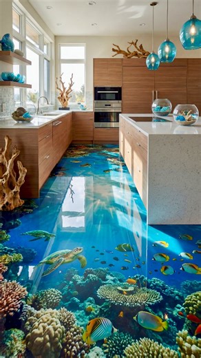 Sarah's Creativity on Instagram: "Reefscape 🌊 Ocean Kitchen by Sarah’s Creativity Description: A kitchen where reefs unfold beneath your steps. Designed by Sarah’s Creativity, this modern space features a 3D epoxy floor illusion of an underwater coral reef, alive with sea turtles, tropical fish, and radiant coral formations. Sleek wooden cabinetry, white countertops, and pendant lights with blue glass shades echo the ocean theme. Decorative driftwood sculptures and glass bowls with blue accents