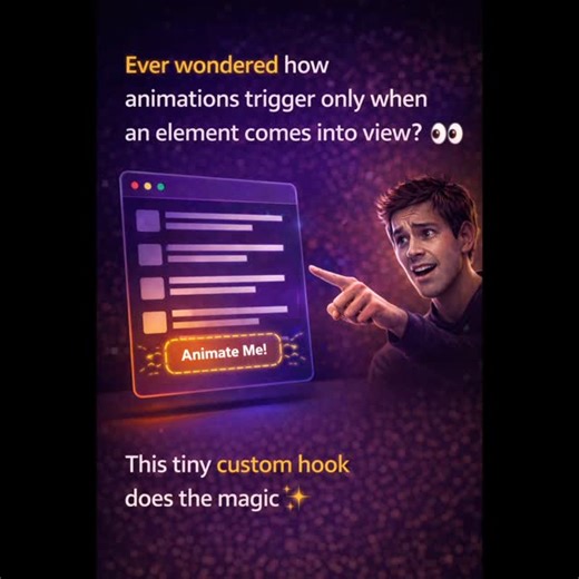 Bhavesh.Tech on Instagram: "How do animations know you’re scrolling? 👀✨ Intersection Observer explained Animations trigger on scroll using the Intersection Observer API. It detects when an element enters or leaves the viewport — without heavy scroll listeners. 💡 Why developers love it: • Better performance • No manual scroll calculations • Perfect for animations, lazy loading & infinite scroll Must-know for modern frontend development and interviews 🚀 #ReactJS #react #javascript #webanimation