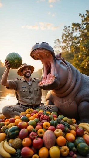 Hungry Hippo Eating Watermelon. #hippopotamus #hippo #mukbang #wildlife