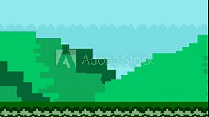 16-bit game animation in old style of a passing landscape with mountains, pixel art.