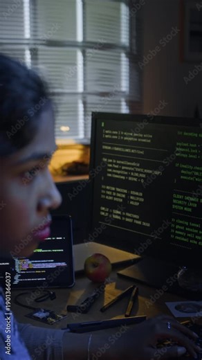 Vertical shot of focused young South Asian woman reviewing code on multiple screens of desktop computer while committing cybercrime working from hidden home office during night