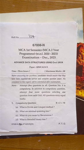 MCA 1st Sem Advance Data Structure Using c++ / java Question Paper 2025 #mdu #mca