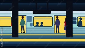 Animated video in a cartoon style depicting passengers waiting at a metro station and boarding the train upon its arrival. Public transportation, city life, commuting and travel concepts. 4k