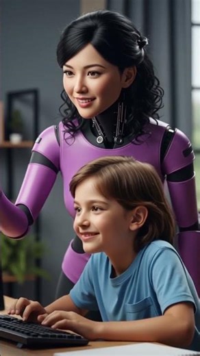 Robot Girl Teaching a Child to Use a Computer