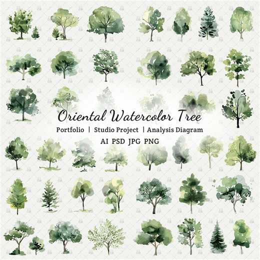 Oriental Watercolor Tree Vector Clipart – 42 Ink Wash Landscape Assets (AI PSD PNG Jpg) - Etsy